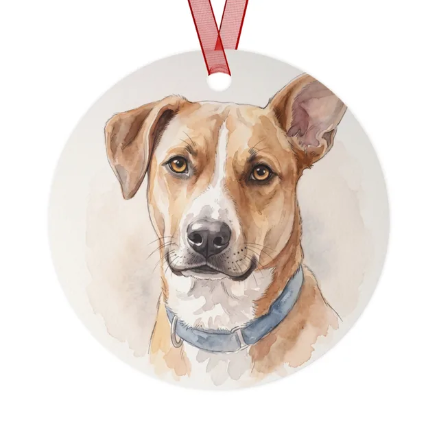 Round metal Christmas ornament with a watercolor-style portrait of a dog and a red ribbon, sample image