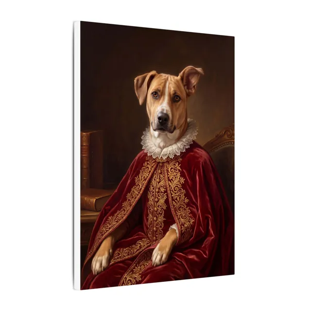 Royal-style portrait of a dog in a red velvet cape on a canvas, sample image